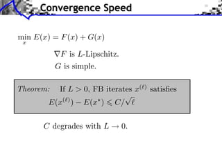 Convergence Speed
min E(x) = F (x) + G(x)
x

F is L-Lipschitz.

G is simple.
Theorem:

If L > 0, FB iterates x(

E(x( ) )

E(x )

C degrades with L

C/

0.

)

satisﬁes

 