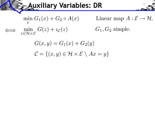 Auxiliary Variables: DR
Linear map A : E

min G1 (x) + G2 A(x)
x

min G(z) +

z⇥H E

G1 , G2 simple.

C (z)

G(x, y) = G1 (x) + G2 (y)
C = {(x, y) ⇥ H

E  Ax = y}

H.

 