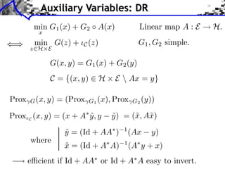 Auxiliary Variables: DR
Linear map A : E

min G1 (x) + G2 A(x)
x

min G(z) +

z⇥H E

G1 , G2 simple.

C (z)

G(x, y) = G1 (x) + G2 (y)
C = {(x, y) ⇥ H

Prox

G (x, y)

= (Prox

G1 (x), Prox G2 (y))

˜
Prox C (x, y) = (x + A y , y
where

E  Ax = y}

x x
y ) = (˜, A˜)
˜

y = (Id + AA )
˜

1

(Ax

x = (Id + A A)
˜

1

(A y + x)

y)

e cient if Id + AA or Id + A A easy to invert.

H.

 