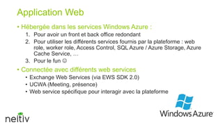 Application Web
• Hébergée dans les services Windows Azure :
1. Pour avoir un front et back office redondant
2. Pour utiliser les différents services fournis par la plateforme : web
role, worker role, Access Control, SQL Azure / Azure Storage, Azure
Cache Service, …
3. Pour le fun 

• Connectée avec différents web services
• Exchange Web Services (via EWS SDK 2.0)
• UCWA (Meeting, présence)
• Web service spécifique pour interagir avec la plateforme

 