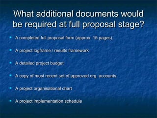 What additional documents would
be required at full proposal stage?


A completed full proposal form (approx. 15 pages)



A project logframe / results framework



A detailed project budget



A copy of most recent set of approved org. accounts



A project organisational chart



A project implementation schedule

 