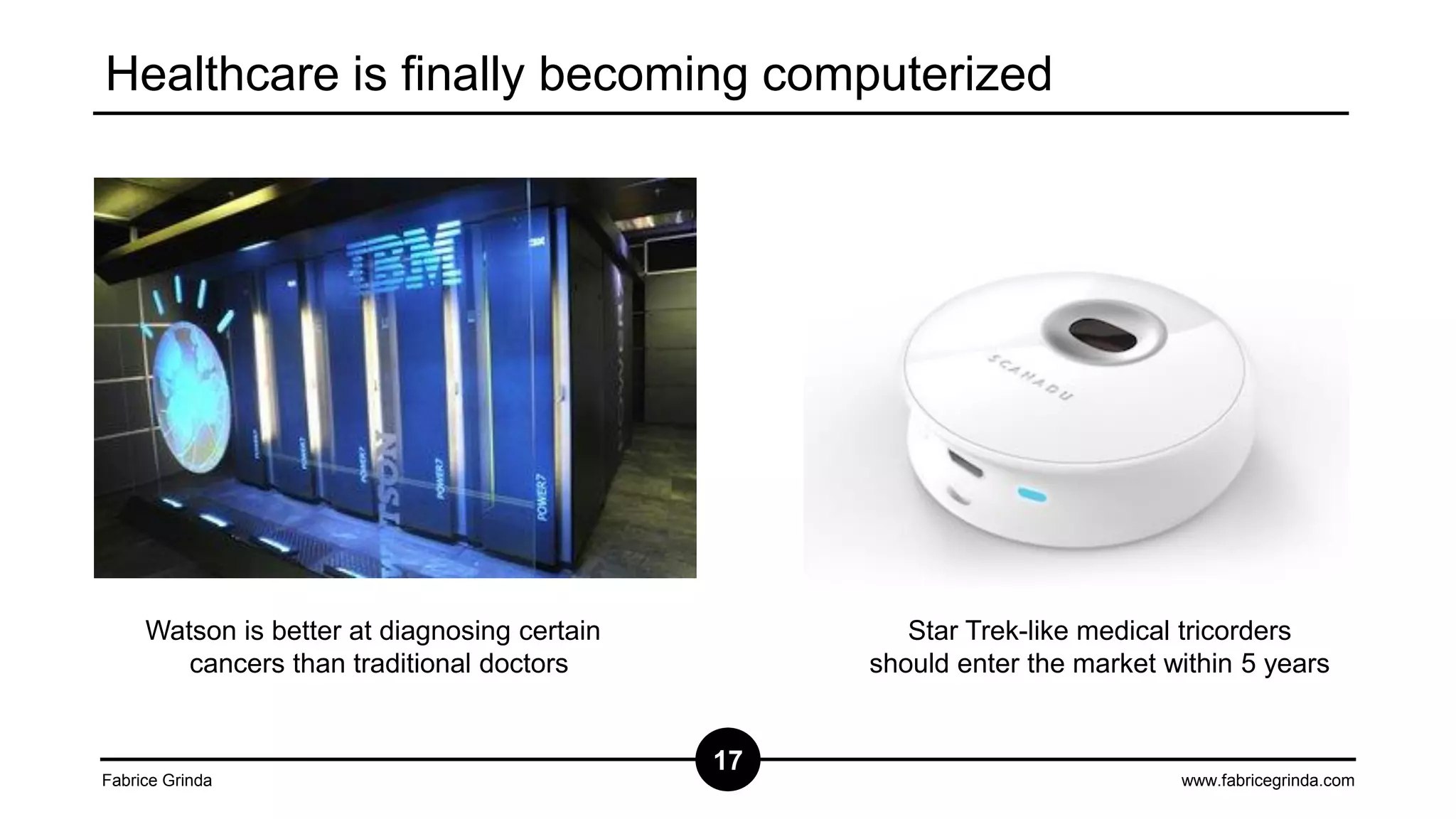 Healthcare is finally becoming computerized

Watson is better at diagnosing certain
cancers than traditional doctors

Fabrice Grinda

Star Trek-like medical tricorders
should enter the market within 5 years

17

www.fabricegrinda.com

 