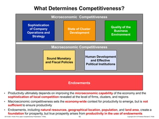 What Determines Competitiveness?
Microeconomic Competitiveness
Sophistication
of Company
Operations and
Strategy

State of Cluster
Development

Quality of the
Business
Environment

Macroeconomic Competitiveness
Human Development
and Effective
Political Institutions

Sound Monetary
and Fiscal Policies

Endowments
•

Productivity ultimately depends on improving the microeconomic capability of the economy and the
sophistication of local competition revealed at the level of firms, clusters, and regions
• Macroeconomic competitiveness sets the economy-wide context for productivity to emerge, but is not
sufficient to ensure productivity
• Endowments, including natural resources, geographical location, population, and land area, create a
foundation for prosperity, but true prosperity arises from productivity in the use of endowments
20131205—Porter Prize Japan Competitiveness Presentation—FINAL

19

Copyright 2013 © Professor Michael E. Porter

 