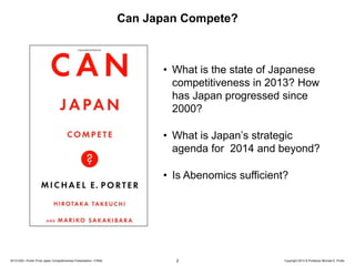 Can Japan Compete?

• What is the state of Japanese
competitiveness in 2013? How
has Japan progressed since
2000?
• What is Japan’s strategic
agenda for 2014 and beyond?
• Is Abenomics sufficient?

20131205—Porter Prize Japan Competitiveness Presentation—FINAL

2

Copyright 2013 © Professor Michael E. Porter

 