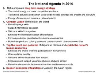 The National Agenda in 2014
6. Set a pragmatic long term energy strategy
– The cost of energy is a major competitiveness issue
– Transitional solutions and carbon taxes will be needed to bridge the present and the future
– Energy efficiency must become a national priority

7. Connect Japan to the rest of the world
– Raise language skills
– Support international education
– Welcome skilled immigration
– Embrace the internationalization of knowledge
– Encourage deeper globalization by Japanese companies
– Move from politics to building economic partnership with other Asian countries

8. Tap the talent and potential of Japanese citizens and enrich the nation’s
human resources
– Embrace and enable womens’ participation in the workforce
– Open up labor mobility
– Welcome skilled expatriates from abroad
– Encourage and support Japanese students studying abroad

– Raise the standards in Japanese universities and business schools

9. Deepen economic integration of Japan in the Asian region
20131205—Porter Prize Japan Competitiveness Presentation—FINAL

39

Copyright 2013 © Professor Michael E. Porter

 