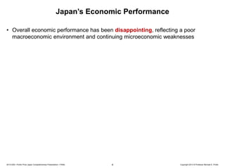 Japan’s Economic Performance
• Overall economic performance has been disappointing, reflecting a poor
macroeconomic environment and continuing microeconomic weaknesses

20131205—Porter Prize Japan Competitiveness Presentation—FINAL

4

Copyright 2013 © Professor Michael E. Porter

 