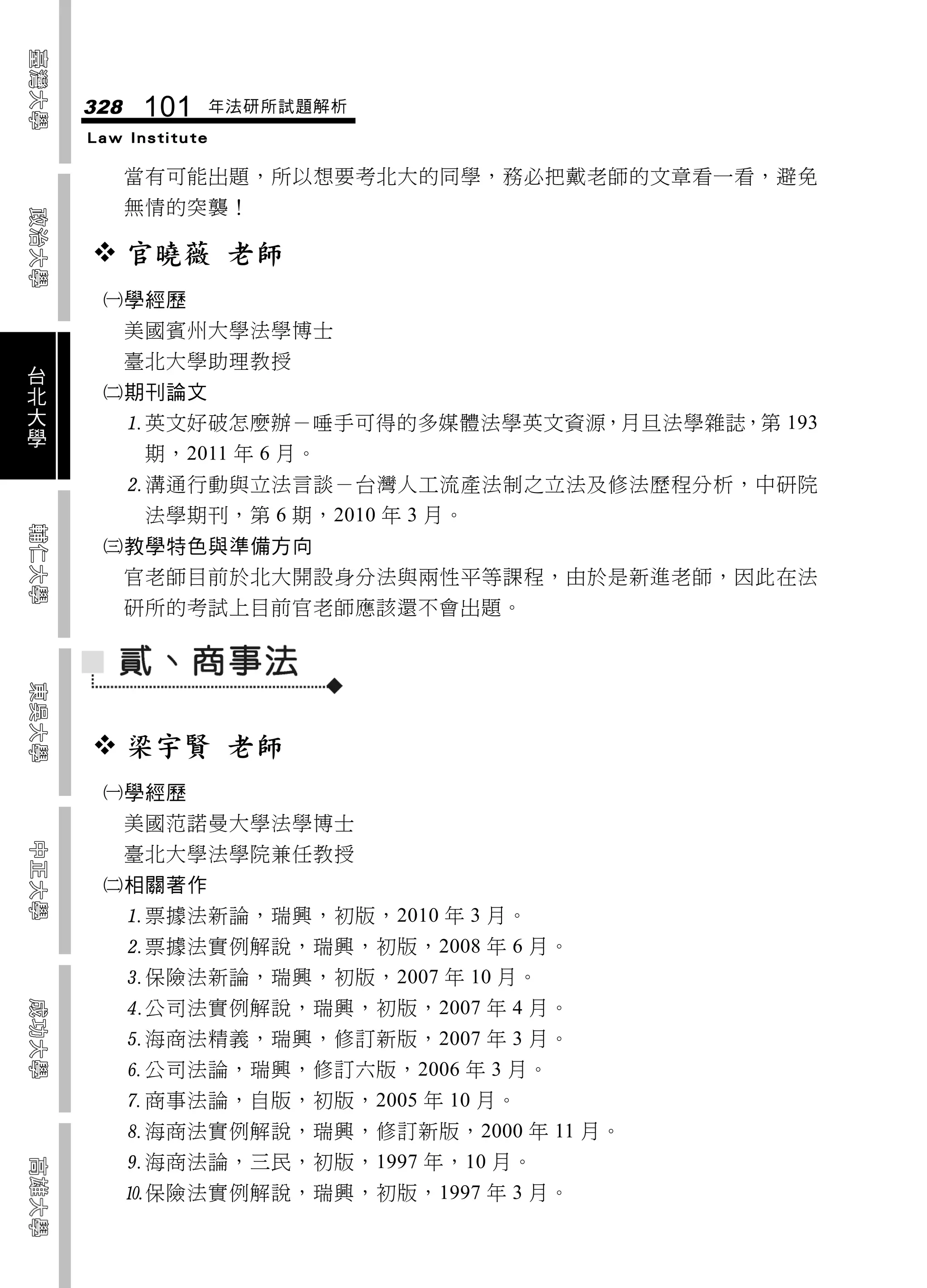 328    101      年法研所試題解析
    Law Institute

          當有可能出題，所以想要考北大的同學，務必把戴老師的文章看一看，避免
          無情的突襲！

     官曉薇 老師
     學經歷
          美國賓州大學法學博士
台         臺北大學助理教授
北
大    期刊論文
學         英文好破怎麼辦－唾手可得的多媒體法學英文資源，月旦法學雜誌，第 193
           期，2011 年 6 月。
          溝通行動與立法言談－台灣人工流產法制之立法及修法歷程分析，中研院
           法學期刊，第 6 期，2010 年 3 月。
     教學特色與準備方向
          官老師目前於北大開設身分法與兩性平等課程，由於是新進老師，因此在法
          研所的考試上目前官老師應該還不會出題。




     梁宇賢 老師
     學經歷
          美國范諾曼大學法學博士
          臺北大學法學院兼任教授
     相關著作
          票據法新論，瑞興，初版，2010 年 3 月。
          票據法實例解說，瑞興，初版，2008 年 6 月。
          保險法新論，瑞興，初版，2007 年 10 月。
          公司法實例解說，瑞興，初版，2007 年 4 月。
          海商法精義，瑞興，修訂新版，2007 年 3 月。
          公司法論，瑞興，修訂六版，2006 年 3 月。
          商事法論，自版，初版，2005 年 10 月。
          海商法實例解說，瑞興，修訂新版，2000 年 11 月。
          海商法論，三民，初版，1997 年，10 月。
          保險法實例解說，瑞興，初版，1997 年 3 月。
 