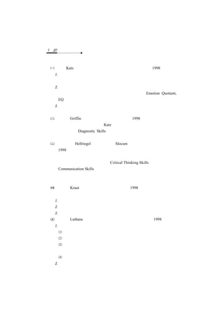 1－20　公共管理　　

二、管理者的技能
 凱茲（Katz）提出三種管理者必備的技能（引自黃榮護，1998）：
  技術性技能：技術性技能就是作業能力。管理者必須對其所管轄的業
   務有一定程度的瞭解與處理能力。
  人際間技能：此為「待人」的功夫，即與上下左右建立愉悅有效的溝
   通、協調、互動模式，以及人際關係。情緒商數（Emotion Quotient,
   EQ）就是一種常用的衡量指標。
  概念化技能：指具備宏觀視野，能從事形而上、抽象化與策略性思維
   的能力。
 葛瑞芬（Griffin）的四種技能（引自黃榮護，1998）：
  葛瑞芬指出管理者除應具備 Katz 所提出的三種技能外，還要具備「診
  斷的技能」（Diagnostic Skills）。診斷的技能是指針對特定情境找尋最
  適反應的能力，也就是針對問題來探究原因與提出對策的能力。
 赫爾立傑（Hellriegel）與史羅康（Slocum）的五種技能（引自黃榮護
  ，1998）：
  赫爾立傑與史羅康在凱茲所提出的概念化技能、人際間技能，與技術性
  技能外，又增加了慎思的技能（Critical Thinking Skills）與溝通的技能
  （Communication Skills）。慎思的技能與診斷的技能類似，指管理者面
  對問題時，要從多方面去思考評估，找出最佳解答與對策。溝通的技能
  指管理者具有收發資訊的能力，是其他四項技能充分表現與發展的基礎。
 柯勞特（Kraut）等人的研究（引自黃榮護，1998）：
  管理者所從事的活動會因管理層級高低而有差異：
  基層管理者最重要的活動：管理部屬個人績效。
  中層管理者最重要的活動：規劃工作及配置資源。
  高層管理者最重要的活動：監理企業環境。
 魯深思（Luthans）等人對管理活動的研究（引自黃榮護，1998）：
  管理者的基本活動：
   溝通：即交換例行性資訊及處理公文、備忘錄等活動。
   傳統管理：如規劃、決策、控制等活動。
   人力資源管理：如激勵、獎懲、排解衝突、用人、訓練、發展等活
    動。
   網路連結：即從事社交，建立與維繫對外關係等活動。
  管理者的類型：
 