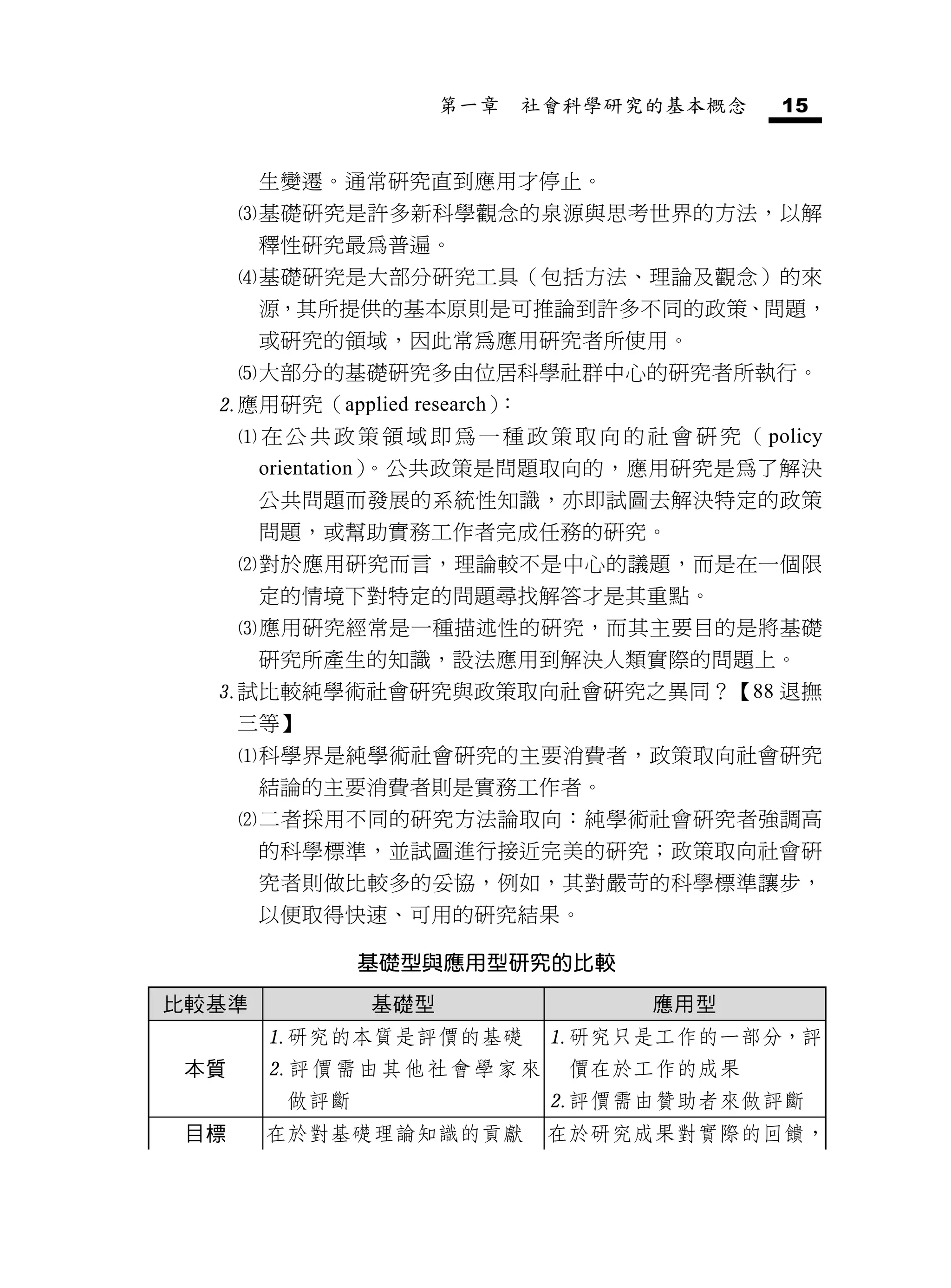 第一章    社會科學研究的基本概念           15


       生變遷。通常研究直到應用才停止。
      基礎研究是許多新科學觀念的泉源與思考世界的方法，以解
       釋性研究最為普遍。
      基礎研究是大部分研究工具（包括方法、理論及觀念）的來
       源，其所提供的基本原則是可推論到許多不同的政策、問題，
       或研究的領域，因此常為應用研究者所使用。
      大部分的基礎研究多由位居科學社群中心的研究者所執行。
  應用研究（applied research）：
       在 公 共 政 策 領 域 即 為 一 種 政 策 取 向 的 社 會 研 究 （ policy
       orientation）。公共政策是問題取向的，應用研究是為了解決
       公共問題而發展的系統性知識，亦即試圖去解決特定的政策
       問題，或幫助實務工作者完成任務的研究。
      對於應用研究而言，理論較不是中心的議題，而是在一個限
       定的情境下對特定的問題尋找解答才是其重點。
      應用研究經常是一種描述性的研究，而其主要目的是將基礎
       研究所產生的知識，設法應用到解決人類實際的問題上。
  試比較純學術社會研究與政策取向社會研究之異同？【88 退撫
      三等】
      科學界是純學術社會研究的主要消費者，政策取向社會研究
       結論的主要消費者則是實務工作者。
      二者採用不同的研究方法論取向：純學術社會研究者強調高
       的科學標準，並試圖進行接近完美的研究；政策取向社會研
       究者則做比較多的妥協，例如，其對嚴苛的科學標準讓步，
       以便取得快速、可用的研究結果。

                基礎型與應用型研究的比較
比較基準             基礎型                     應用型
        研究的本質是評價的基礎            研究只是工作的一部分，評
 本質     評價需由其他社會學家來              價在於工作的成果
          做評斷                   評價需由贊助者來做評斷
 目標     在於對基礎理論知識的貢獻            在於研究成果對實際的回饋，
 