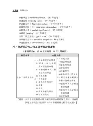 前 28   準備方法


       標準差（standard deviation） （95 年高考）
                               。
       遺漏值（Missing values） （94 年普考）
                           。
       迴歸分析（Regression analysis） （94 年普考）
                                 。
       線性迴歸分析（linear regression analysis） （98 年高考）
                                          。
       顯著水準（level of significance） （95 年普考）
                                   。
       編碼（coding） （97 年普考）
                  。
       第二類型錯誤（type II error） （98 年高考）
                             。
       單變項分析（univariate analysis） （99 年高考）
                                  。
       虛假關係（Spuriousness） （100 年高考）
                          。

八、考選部公布之社工師考試命題重點
         （考選部公布：自 94 年起適用，98 年 2 月修正）
        科目名稱                      命題大綱
                                     三、研究方法
                   一、理論與研究的關連
                                          調查研究法
                        理論、概念與變
                                          質性研究法
                         項、假設與命題
                                          評估研究
                        兩種邏輯模式：歸
                                          行動研究
                         納法與演繹法
                                          其他常見之研究法
                        因果模型
   社會工作研究方法                          四、研究結果的判讀、
                   二、研究設計
                                       分析以及研究倫理
                        概念化及操作化
                                          量化研究之資料分
                        測量
                                           析與判讀
                        抽樣
                                          質性研究之資料分
                        研究分析的單位
                                           析與判讀
                        信度與效度
                                          研究倫理
   【備註：表列各應試科目命題大綱為考試命題範圍之例示，惟實際
            試題並不完全以此為限，仍可命擬相關之綜合性試題。】
 
