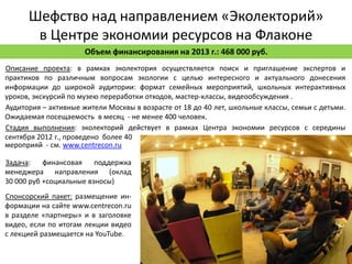 Шефство над направлением «Эколекторий»
       в Центре экономии ресурсов на Флаконе
                      Объем финансирования на 2013 г.: 468 000 руб.
Описание проекта: в рамках эколектория осуществляется поиск и приглашение экспертов и
практиков по различным вопросам экологии с целью интересного и актуального донесения
информации до широкой аудитории: формат семейных мероприятий, школьных интерактивных
уроков, экскурсий по музею переработки отходов, мастер-классы, видеообсуждения .
Аудитория – активные жители Москвы в возрасте от 18 до 40 лет, школьные классы, семьи с детьми.
Ожидаемая посещаемость в месяц - не менее 400 человек.
Стадия выполнения: эколекторий действует в рамках Центра экономии ресурсов с середины
сентября 2012 г., проведено более 40
мероприяй - см. www.centrecon.ru

Задача:    финансовая    поддержка
менеджера направления (оклад
30 000 руб +социальные взносы)
Спонсорский пакет: размещение ин-
формации на сайте www.centrecon.ru
в разделе «партнеры» и в заголовке
видео, если по итогам лекции видео
с лекцией размещается на YouTube.
 