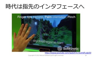 時代は指先のインタフェースへ




                              http://www.youtube.com/watch?v=5LvhdFudp50
    Copyright © 2012 Natural Software.jp All rights reserved.     18
 