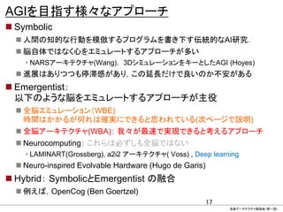 AGIを目指す様々なアプローチ
 Symbolic
 人間の知的な行動を模倣するプログラムを書き下す伝統的なAI研究．
 脳自体ではなく心をエミュレートするアプローチが多い
• NARSアーキテクチャ(Wang)， 3DシミュレーションをキーとしたAGI (Hoyes)

 進展はありつつも停滞感があり，この延長だけで良いのか不安がある

 Emergentist：
以下のような脳をエミュレートするアプローチが主役
 全脳エミュレーション（WBE)
時間はかかるが何れは確実にできると思われている(次ページで説明)
 全脳アーキテクチャ(WBA)： 我々が最速で実現できると考えるアプローチ
 Neurocomputing： これらは必ずしも全脳ではない
• LAMINART(Grossberg), a2i2 アーキテクチャ( Voss) , Deep learning

 Neuro-inspired Evolvable Hardware (Hugo de Garis)

 Hybrid： SymbolicとEmergentist の融合
 例えば，OpenCog (Ben Goertzel)
17
CONFIDENTIAL MATERIAL / RESTRICTED ACCESS

全脳アーキテクチャ勉強会（第一回)

 