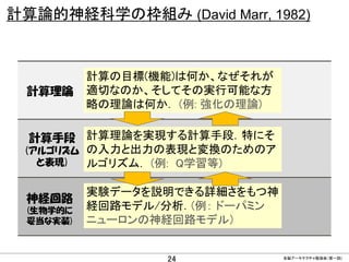 計算論的神経科学の枠組み (David Marr, 1982)

計算理論

計算の目標(機能)は何か、なぜそれが
適切なのか、そしてその実行可能な方
略の理論は何か． (例: 強化の理論)

計算手段 計算理論を実現する計算手段．特にそ
(アルゴリズム の入力と出力の表現と変換のためのア
と表現)
ルゴリズム． (例: Q学習等)
神経回路
(生物学的に
妥当な実装)

実験データを説明できる詳細さをもつ神
経回路モデル/分析．(例： ドーパミン
ニューロンの神経回路モデル）

CONFIDENTIAL MATERIAL / RESTRICTED ACCESS

24

全脳アーキテクチャ勉強会（第一回)

 