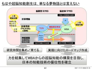 もはや超脳知能創生は，単なる夢物語とは言えない

人型
超脳知能
多様な技
術との工
学的統合
工学
応用

人型
超脳知能

計算手段
(アルゴリズム
と表現)

研究仲間を集め／育てる

実現に向けたロードマップ作成

力を結集してWBAからの超脳知能の構築を目指し，
日本の知能技術の優位性を確立
CONFIDENTIAL MATERIAL / RESTRICTED ACCESS

57

全脳アーキテクチャ勉強会（第一回)

 