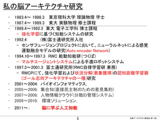 私の脳アーキテクチャ研究
•
•
•

•
•
•
•

1983.4～ 1986.3 東京理科大学 理論物理 学士
1987.4～ 1989.3 東大 実験物理 修士課程
1989.4～1992.3 東大 電子工学科 博士課程
– 強化学習に基づく知能システムの研究
1992.4
(株)富士通研究所入社
– センサフュージョンプロジェクトにおいて、ニューラルネットによる感覚
運動融合モデルの研究(Auto encoder Network)
1994.10～1997.3 RWC 能動知能研（つくば)
– マルチエージェントシステムによる手渡ロボットシステム
1997.3～2001.3 富士通研究所(RWC自律学習研 兼務)
– RWCPにて、強化学習および状況分解(表象獲得)の認知距離学習器
(ゴール志向アーキテクチャの一種)研究
2001～2004: バイオインフォマティクス，
2005～2006: 集合知(直接民主制のための意見集約)
2007～2008: 人物情報クラウド(分散ID管理システム)
2009～2010: 環境ソリューション，

•

2011～：

•

•
•

脳に学ぶ人工知能

CONFIDENTIAL MATERIAL / RESTRICTED ACCESS

5

全脳アーキテクチャ勉強会（第一回)

 