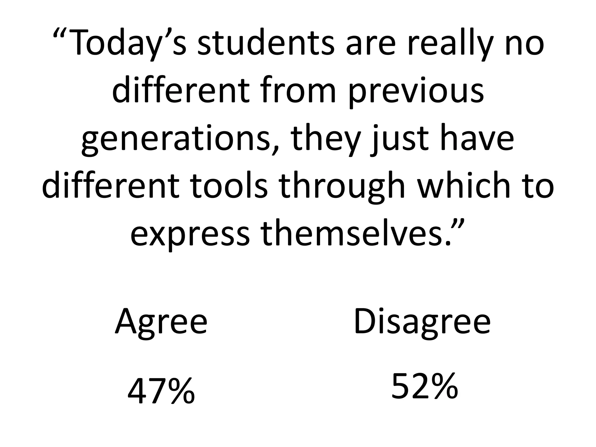 “Today’s students are really no
     different from previous
   generations, they just have
different tools through which to
      express themselves.”

    Agree          Disagree
     47%             52%
 
