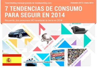 Trend Briefing mensual gratuito de trendwatching.com:

Diciembre 2013 / Enero 2014

7 TENDENCIAS DE CONSUMO
PARA SEGUIR EN 2014
Recuerda, ¡los perezosos NO heredarán la tierra en 2014!

EE

FR

T-

IL
GU

1

4

MYCHIATRY

S

TU

A
ST

3
AD

EG

D

LB
A

RE

E
AP

EN

ER

2

M

N

I
RA

BY

/F
O

R

CH

7
G

GS
N

G

N
RI

A

NO

A

CR

OB
L

5

IN

D

OW

SH

TA
DA

T

trendwatching.com/es/trends/7trends2014

E

E
RN

E

T
IN

FC
O

HI
T

 