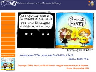 www.fire-italia.org

L’analisi sulle PPPM presentate fra il 2005 e il 2012
Dario Di Santo, FIRE
Convegno ENEA: Nuovi certificati bianchi: maggiori opportunità per le imprese 
Roma, 28 novembre 2013

 