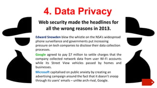 4. Data Privacy
Web security made the headlines for
all the wrong reasons in 2013.
Edward Snowden blew the whistle on the NSA’s widespread
phone surveillance and governments put increasing
pressure on tech companies to disclose their data collection
processes.
Google agreed to pay $7 million to settle charges that the
company collected network data from user Wi-Fi accounts
while its Street View vehicles passed by homes and
businesses.
Microsoft capitalised on public anxiety by creating an
advertising campaign around the fact that it doesn’t snoop
through its users’ emails – unlike arch-rival, Google.

 