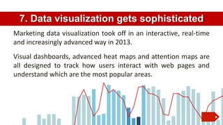 7. Data visualization gets sophisticated
Marketing data visualization took off in an interactive, real-time
and increasingly advanced way in 2013.
Visual dashboards, advanced heat maps and attention maps are
all designed to track how users interact with web pages and
understand which are the most popular areas.

 