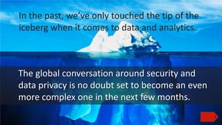 In the past, we’ve only touched the tip of the
iceberg when it comes to data and analytics.

The global conversation around security and
data privacy is no doubt set to become an even
more complex one in the next few months.

 