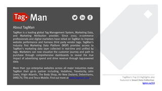 About TagMan
TagMan is a leading global Tag Management System, Marketing Data,
and Marketing Attribution provider. Since 2007, e-commerce
professionals and digital marketers have relied on TagMan to improve
website performance and harness third party vendor tags. TagMan's
industry first Marketing Data Platform (MDP) provides access to
TagMan’s marketing data layer collected in real-time and unified by
tags. Marketers can now visualize the customer journey and path to
purchase through comprehensive dashboards to reveal the true
impact of advertising spend and drive revenue through tag-powered
data.
More than 350 enterprise websites across all major industries make
TagMan their go-to partner including, Vodafone, Travelocity, John
Lewis, Virgin Atlantic, The Body Shop, Air New Zealand, Debenhams,
DIRECTV, TiVo and Tesco Mobile. Find out more at www.tagman.com.

TagMan’s Top 13 Highlights also
featured in Smart Data Collective:
tgmn.co/13

 