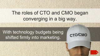 The roles of CTO and CMO began
converging in a big way.
With technology budgets being
shifted firmly into marketing.

 
