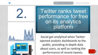 2.

Twitter ranks tweet
performance for free
on its analytics
platform
Social got analytical when Twitter
opened analytic dashboards to the
public, providing in-depth data
about users, as well as ranking the
performance of recent tweets.

 