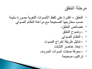 ‫النطق – القدرة على تلفظ الوصوات اللغوية بصورة سليمة‬    ‫‪‬‬
     ‫حسب مخارجها الصحيحة مع مراعاة النظام الصوتي‬
                                   ‫خصائص النطق-‬        ‫‪‬‬

                                     ‫- وضوح النطق‬      ‫‪‬‬

                                    ‫- النظام الصوتي‬    ‫‪‬‬

                         ‫- تمثيل طريقة إخراج الصوت‬     ‫‪‬‬

                               ‫- إبعاد عناوصر التشتت‬   ‫‪‬‬

                      ‫- معرفة وصفات أوصوات الحروف‬      ‫‪‬‬

                                    ‫تراكيب وصحيحة‬      ‫‪‬‬
 