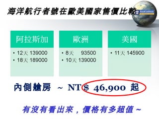 海洋航行者號在歐美國家售價比較




內側艙房 ~ NT $ 46,900 起

 有沒有看出來，價格有多超值 ~
 
