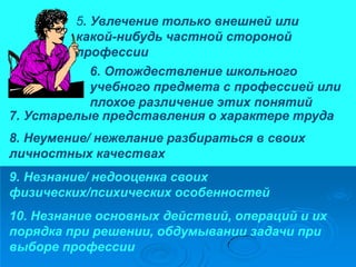 5. Увлечение только внешней или
         какой-нибудь частной стороной
         профессии
            6. Отождествление школьного
            учебного предмета с профессией или
            плохое различение этих понятий
7. Устарелые представления о характере труда
8. Неумение/ нежелание разбираться в своих
личностных качествах
9. Незнание/ недооценка своих
физических/психических особенностей
10. Незнание основных действий, операций и их
порядка при решении, обдумывании задачи при
выборе профессии
 