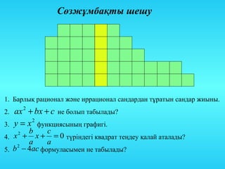 Сөзжұмбақты шешу




1. Барлық рационал және иррационал сандардан тұратын сандар жиыны.
2.   ах + bx + c не болып табылады?
          2


3.   у = х 2 функциясының графигі.
       b     c
4. х + x + = 0 түріндегі квадрат теңдеу қалай аталады?
      2

       a     a
5. b − 4ас формуласымен не табылады?
    2
 