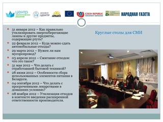  31 января 2012 – Как правильно
    утилизировать энергосберегающие       Круглые столы для СМИ
    лампы и другие предметы,
    содержащие ртуть?
   22 февраля 2012 – Куда можно сдать
    автомобильные отходы?
   29 марта 2012 – Нужен ли нам
    мусоропровод?
   03 апреля 2012 – Сжигание отходов:
    что это такое?
   31 мая 2012 – Что делать с
    отработавшей бытовой техникой?
   28 июня 2012 – Особенности сбора
    использованных элементов питания в
    Беларуси.
   04 сентября 2012 – Что делать с
    просроченными лекарствами в
    домашних условиях?
   08 ноября 2012 – Утилизация отходов
    в контексте введения расширенной
    ответственности производителя.
 