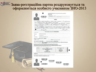 Заява-реєстраційна картка роздруковується та
 оформлюється особисто учасником ЗНО-2013
 