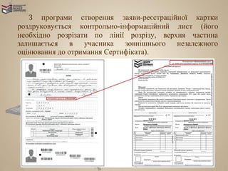 З програми створення заяви-реєстраційної картки
роздруковується контрольно-інформаційний лист (його
необхідно розрізати по лінії розрізу, верхня частина
залишається в учасника зовнішнього незалежного
оцінювання до отримання Сертифіката).
 