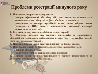 Проблеми реєстрації минулого року
1. Неналежне оформлення документів:
    -невірно оформлений або відсутній текст заяви, не вказана дата
    заповнення заяви, відсутність фото або їх не ідентичність;
    -зазначення в заяві-реєстраційній картці недостовірних даних
    (помилки в ПІБ, індексі, неспівпадіння заявленої категорії
    випускника та довідки).
2. Відсутність документів, необхідних для реєстрації.
3.   Повторне надання реєстраційних документів, не дочекавшись
відповіді від Донецького регіонального центру (лист з сертифікатом або
лист з відмовою в реєстрації).
4. Передача бланка заяви-реєстраційної картки іншим особам.
5. Повернення листів до регіонального центру з сертифікатами:
    -невірно вказана адреса;
    -закінчення терміну зберігання листа на пошті.
6. Подання заяви пізніше встановленого терміну (визначається за
поштовим штемпелем відправлення).
 