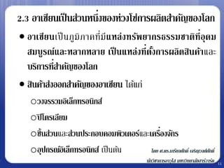 ่
2.3 อาเซียนเป็ นส่วนหนึงของห่วงโซ่การผลิตสาคัญของโลก
 อาเซีย นเป็ นภู มิ ภ าคที่ มี แ หล่ ง ทรัพ ยากรธรรมชาติ ท่ี อุ ด ม
  สมบูรณ์และหลากหลาย เป็ นแหล่ งที่ ตงการผลิตสิน ค้า และ
                                               ั้
  บริการที่สาคัญของโลก
 สินค้าส่งออกสาคัญของอาเซียน ได้แก่
   oวงจรรวมอิเล็กทรอนิกส์
   oปิ โตรเลียม
   oชิ้ นส่วนและส่วนประกอบคอมพิวเตอร์และเครืองจักร
                                             ่
   oอุปกรณ์อเิ ล็กทรอนิกส์ เป็ นต้น      โดย ศ.ดร.เกรียงศักดิ์ เจริญวงศ์ศกดิ์
                                                                         ั
                                                 นักวิชาการอาวุโส มหาวิทยาลัยฮาร์วาร์ด   11
 