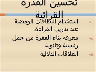 ‫تحسين القدرة‬
        ‫القرائية‬
‫استخدام البطاقات الومضية‬    ‫.‪v‬‬

      ‫عند تدريب القراءة.‬
‫معرفة بناء الفقرة من جمل‬    ‫.‪vi‬‬
          ‫رئيسية وثانوية.‬
         ‫العلقات الدللية‬    ‫.‪vii‬‬
 
