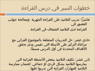 ‫خطوات السير في درس القراءة‬
‫عاشرا: تدريب التلميذ على القراءة الجهرية ومعالجة جوانب‬
                                          ‫القصور في‬
            ‫القراءة لدى التلميذ الضعاف في القراءة .‬

  ‫حادي عشر: حل التدريبات المتعلقة بالموضوع القرائي مع‬
     ‫مراعاة التركيز على السئلة التي تقيس مدى تحقق‬
              ‫الهداف المحددة في أول الدرس مسبقا.‬

    ‫ثاني عشر: تكليف التلميذ ببعض النشطة القرائية التي‬
‫يمارسها التلميذ بشكل فردي أو جماعي ؛لضمان ممارسة‬
              ‫التلميذ للمهارات القرائية التي تدربوا عليها .‬
 