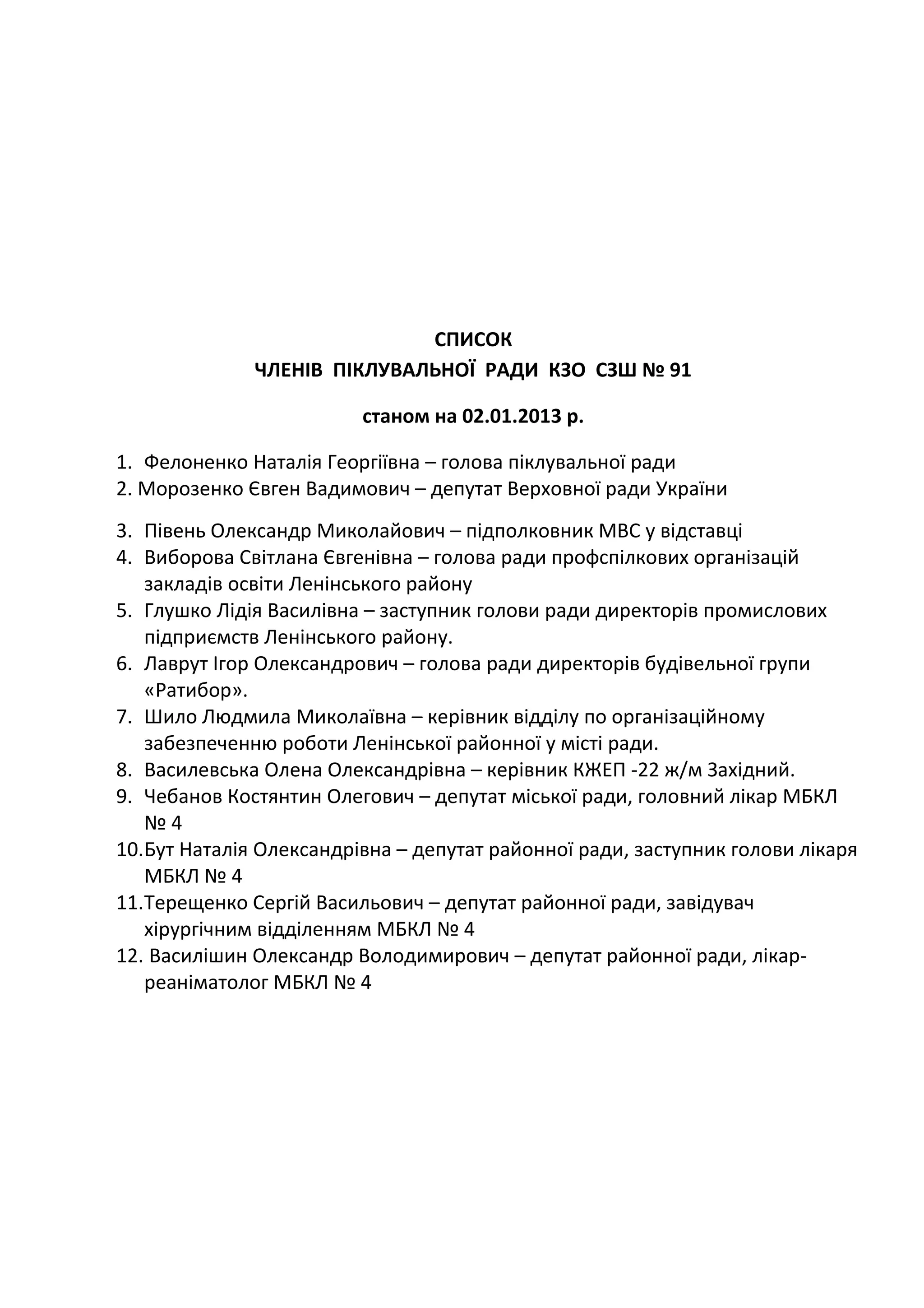 СПИСОК
              ЧЛЕНІВ ПІКЛУВАЛЬНОЇ РАДИ КЗО СЗШ № 91

                         станом на 02.01.2013 р.

1. Фелоненко Наталія Георгіївна – голова піклувальної ради
2. Морозенко Євген Вадимович – депутат Верховної ради України
3. Півень Олександр Миколайович – підполковник МВС у відставці
4. Виборова Світлана Євгенівна – голова ради профспілкових організацій
   закладів освіти Ленінського району
5. Глушко Лідія Василівна – заступник голови ради директорів промислових
   підприємств Ленінського району.
6. Лаврут Ігор Олександрович – голова ради директорів будівельної групи
   «Ратибор».
7. Шило Людмила Миколаївна – керівник відділу по організаційному
   забезпеченню роботи Ленінської районної у місті ради.
8. Василевська Олена Олександрівна – керівник КЖЕП -22 ж/м Західний.
9. Чебанов Костянтин Олегович – депутат міської ради, головний лікар МБКЛ
   №4
10.Бут Наталія Олександрівна – депутат районної ради, заступник голови лікаря
   МБКЛ № 4
11.Терещенко Сергій Васильович – депутат районної ради, завідувач
   хірургічним відділенням МБКЛ № 4
12. Василішин Олександр Володимирович – депутат районної ради, лікар-
   реаніматолог МБКЛ № 4
 