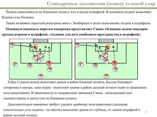 Стандартные положения (атака): угловой удар
  Подачи выполняются на ближнюю штангу или в центр штрафной. В основном подачи выполняет
Плашил или Росицки.
  Также возможен короткий розыгрыш мяча с Лимберски и затем выполнение подачи в штрафную.
  Основную опасность воротам соперника представляет Сивок. Основная задача маневров
группы игроков в штрафной - создание для него свободного пространства в штрафной).




   Гебре Селасси всегда выполняет рывок в район ближней штанги, Кадлец блокирует
 соперника в центре, один игрок - выполняет рывок в район дальней штанги (один из фланговых
 полузащитников). В зависимости от направления движения Сивок - нападающий идет
 соответственно в центр или на ближнюю штангу.
   Дополнительное внимание требует уделить крайнему полузащитника (дальнему
 относительно угла подачи) - он обычно выполняет рывок из глубины, от линии штрафной в   11
 район дальней штанги.
 