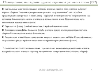 Позиционное нападение: другие варианты развития атаки (2/2)
B. Центральные защитники обладают хорошим длинным пасом и если соперник выбирает
вариант обороны "плотная игра против центральных полузащитников" они способны
продвинуться к центру поля и начать атаку - передачей в опорную зону на полузащитника (где
создается большинство в начале атаки) или в первую линию атаки. При получении мяча
выполняется перевод мяча на фланг.
С. Передача по флангу (крайний защитник -> крайний полузащитник)
D. Длинная передача Гебре Селасси в борьбу, в первую линию атаки или опорную зону, где
сборная Чехии имеет численное большинство
E. Диагональ на правый фланг, практически в первую линию атаки, на Гебре Селасси (поскольку
полузащитник уводит крайнего защитника и открывает пространство на фланге)


В случае высокого прессинга соперника - предпочитают выполнить перевод мяча на вратаря,
который выполняет длинную передачу в направлении центрального нападающего, в борьбу.




                                     chulkov.petr@gmail.com                                  6
 