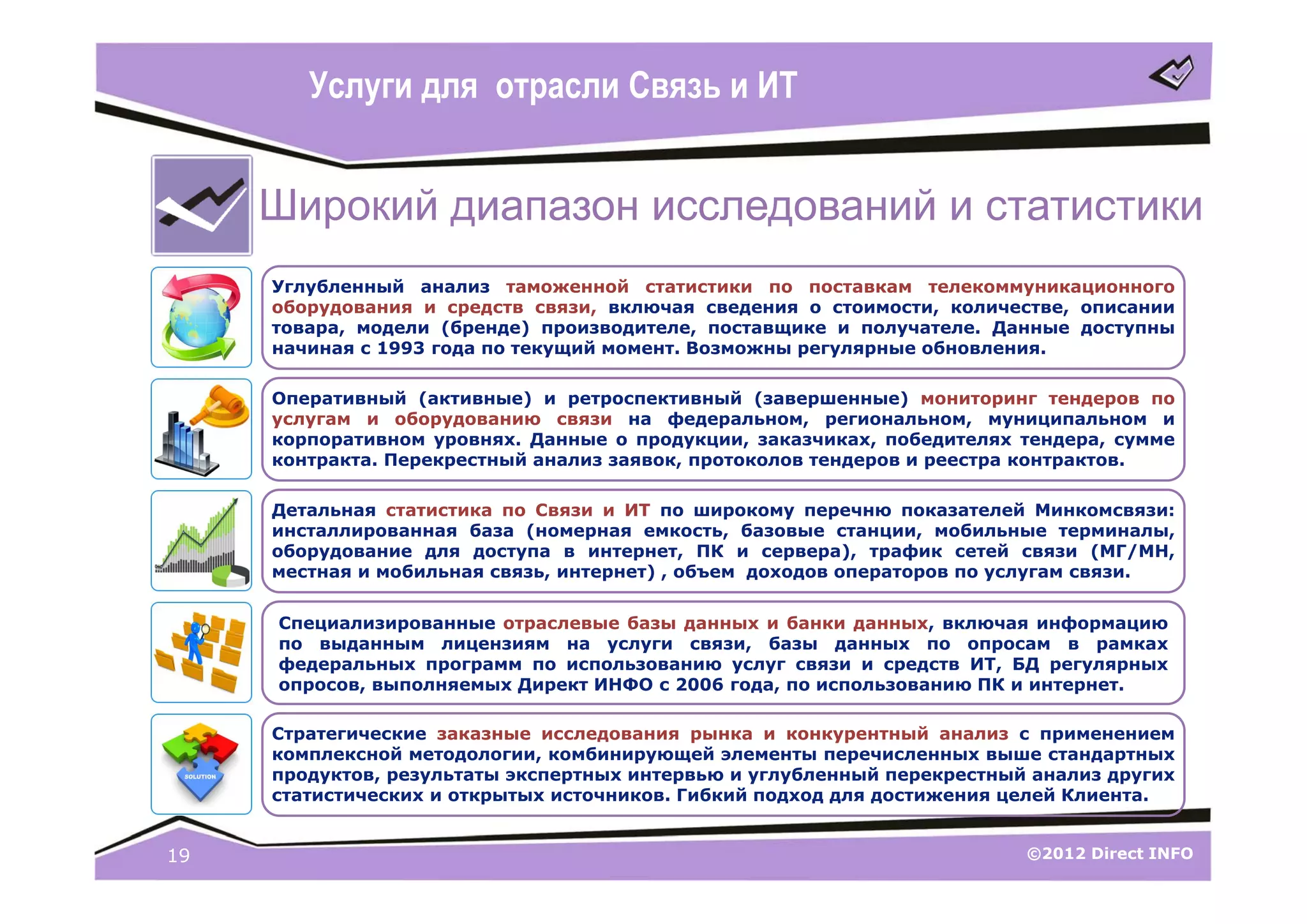 Услуги для отрасли Связь и ИТ


     Широкий диапазон исследований и статистики
     Углубленный анализ таможенной статистики по поставкам телекоммуникационного
     оборудования и средств связи, включая сведения о стоимости, количестве, описании
     товара, модели (бренде) производителе, поставщике и получателе. Данные доступны
     начиная с 1993 года по текущий момент. Возможны регулярные обновления.

     Оперативный (активные) и ретроспективный (завершенные) мониторинг тендеров по
     услугам и оборудованию связи на федеральном, региональном, муниципальном и
     корпоративном уровнях. Данные о продукции, заказчиках, победителях тендера, сумме
     контракта. Перекрестный анализ заявок, протоколов тендеров и реестра контрактов.

     Детальная статистика по Связи и ИТ по широкому перечню показателей Минкомсвязи:
     инсталлированная база (номерная емкость, базовые станции, мобильные терминалы,
     оборудование для доступа в интернет, ПК и сервера), трафик сетей связи (МГ/МН,
     местная и мобильная связь, интернет) , объем доходов операторов по услугам связи.


     Специализированные отраслевые базы данных и банки данных, включая информацию
     по выданным лицензиям на услуги связи, базы данных по опросам в рамках
     федеральных программ по использованию услуг связи и средств ИТ, БД регулярных
     опросов, выполняемых Директ ИНФО с 2006 года, по использованию ПК и интернет.

     Стратегические заказные исследования рынка и конкурентный анализ с применением
     комплексной методологии, комбинирующей элементы перечисленных выше стандартных
     продуктов, результаты экспертных интервью и углубленный перекрестный анализ других
     статистических и открытых источников. Гибкий подход для достижения целей Клиента.


19                                                                       ©2012 Direct INFO
 