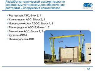 Разработка технической документации по
реакторным установкам для обеспечения
достройки и сооружения новых блоков

Ростовская АЭС, блок 3, 4
Хмельницкая АЭС, блоки 3, 4
Нововоронежская АЭС-2, блоки 1, 2
Ленинградская АЭС-2, блоки 1, 2
Балтийская АЭС, блоки 1, 2
Курская АЭС-2
Нижегородская АЭС




                                         12
 