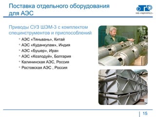 Поставка отдельного оборудования
для АЭС

Приводы СУЗ ШЭМ-3 с комплектом
специнструментов и приспособлений
    АЭС «Тяньвань», Китай
    АЭС «Куданкулам», Индия
    АЭС «Бушер», Иран
    АЭС «Козлодуй», Болгария
    Калининская АЭС, Россия
    Ростовская АЭС , Россия




                                    15
 