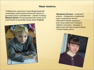 Наши таланты
 Победитель школьного этапа Всероссийской
олимпиады школьников начальной школы по              Манерова Наташа – ученица 6
русскому языку и математике – ученик 4 класса       класса – победитель в районной
Марков Артем. На муниципальном этапе из 27          игре в командном зачете
участников по русскому языку занял 4 место          «Математическая карусель»,
                                                    участница районного конкурса
                                                    «Живая классика», кандидат в
                                                    областную детскую энциклопедию
                                                    «Талантливые дети».
 