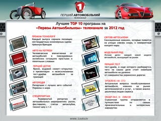 Лучшее TOP 10 программ на
  «Первом Автомобильном» телеканале за 2012 год

ПРЕМІУМ ТЕХНОЛОГІЇ                     СВІТОВІ АВТОСАЛОНИ
Каждый выпуск сериала посвящен         Сенсационные новинки, которые появятся
нестандартным инженерным идеям         на улицах совсем скоро, и невероятные
премиум-брендов                        концепт-кары

АВТО НА ПОТРЕБУ
Человеческие    впечатления   от       МОДЕЛЬНИЙ РЯД
                                       Личное   дело»    каждой   новой   модели
автомобилей    в    повседневных
                                       автомобиля, выходящей на рынок
житейских ситуациях простыми и
понятными словами
                                       ПЕРШИЙ ТЕСТ
ПЕРШИЙ ДОТИК                           тест-драйв, в ходе которого разбирается,
Яркий, видовой сюжет-«открытка»        чего на самом деле стоят новейшие
о презентации и неэксклюзивном         автомобили на далеких
тест-драйве    автомобиля    за        от совершенства украинских дорогах
границей
                                       ЗРОБЛЕНО НА СТО
АВТОПОДІЯ                              Актуальные вопросы техобслуживания
Репортажи с лучших авто событий        автомобиля,    новинки     на    рынке
Украины и мира                         автотехнологий и услуг, а также анализ
                                       различных видов сервиса

CПЕЦРЕПОРТАЖ                           МАНДРІ ВКА ЗІ СМАКОМ
    Развернутый      репортаж     об   Съемочная группа отправляется в
автомобильных мероприятиях: ралли,     путешествие        по      самым
фестивалях,     слетах   автоклубов,   привлекательным    и  интересным
тюнинг-шоу и т.п                       маршрутам
 