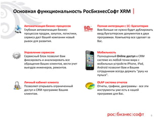 6
Основная функциональность РосБизнесСофт XRM
Автоматизация бизнес-процессов
Глубокая автоматизация бизнес-
процессов продаж, закупок, логистики,
сервиса даст Вашей компании новый
рывок для развития.
Полная интеграция с 1С: Бухгалтерия
Вам больше не нужно будет дублировать
ввод бухгалтерских документов в двух
программах. Компьютер все сделает за
Вас.
Управление сервисом
Сервисный блок позволит Вам
фиксировать и анализировать все
обращения Ваших клиентов, вести учет
выездов инженеров, ремонтов.
Мобильность
Полноценный Online доступ к CRM
системе из любой точки мира с
мобильных устройств iPhone, iPad,
Android позволит Вам и Вашим
сотрудникам всегда держать "руку на
пульсе".
Личный кабинет клиента
Позволяет открывать ограниченный
доступ к CRM программе Вашим
клиентам.
OLAP система отчетов
Отчеты, графики, диаграммы - все эти
инструменты уже есть в нашей
программе для Вас.
 