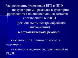 Распределение участников ЕГЭ в ППЭ
по аудиториям и рассадка в аудитории
производится по специальной ведомости
составленной в РЦОИ
(региональном центре обработки
информации).
в автоматическом режиме.
Участник ЕГЭ занимает место в
аудитории,
указанное в ведомости, присланной из
РЦОИ.
 